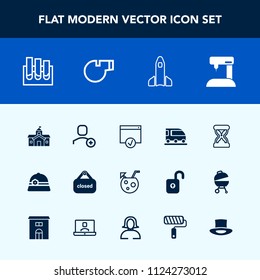 Modern, simple vector icon set with clock, architecture, fashion, sign, drink, page, sand, account, vehicle, sewing, laboratory, medicine, shop, user, shuttle, time, medical, summer, space, web icons