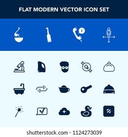 Modern, simple vector icon set with call, tea, direction, object, bathroom, retro, fashion, brush, teapot, can, support, hipster, ribbon, place, sign, science, concept, dental, electric, food icons