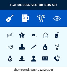 Modern, simple vector icon set with guitar, house, hat, office, social, night, drink, home, sheriff, music, progress, headset, west, growth, place, fruit, equipment, award, fresh, first, person icons