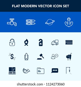 Modern, simple vector icon set with label, astronomy, tree, bonfire, planet, justice, lorry, vehicle, cheeseburger, campfire, environment, sink, anchor, truck, judge, forest, orbit, boat, dollar icons