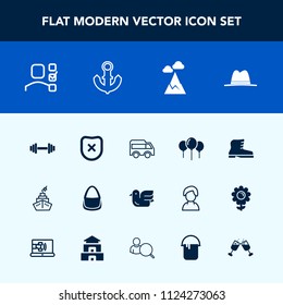 Modern, simple vector icon set with footwear, bus, drink, , plan, bag, boat, office, style, highway, decoration, safety, gym, security, leather, hat, nature, equipment, birthday, move, wildlife icons