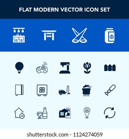 Modern, simple vector icon set with glass, housework, book, vacuum, technology, paper, sewing, parachuting, sew, domestic, lock, extreme, travel, japan, satellite, page, food, jar, security, sky icons