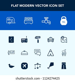 Modern, simple vector icon set with suitcase, kilogram, technology, trip, business, media, car, van, chat, roll, weight, tap, interior, heart, travel, bed, speech, transportation, roller, water icons
