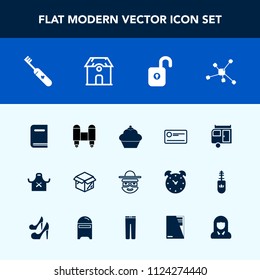 Modern, simple vector icon set with craft, finance, health, happy, book, new, cartoon, chief, trailer, spaceship, education, restaurant, clean, house, atom, box, security, package, space, cake icons
