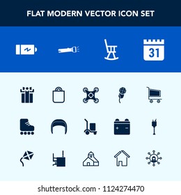 Modern, simple vector icon set with worker, gift, power, retail, bag, chair, skate, mic, sport, cargo, delivery, time, leisure, timetable, celebration, sound, helmet, schedule, equipment, cart icons