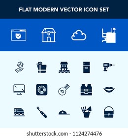 Modern, simple vector icon set with hand, music, gift, office, instrument, building, package, kitchen, delivery, cloud, freezer, shipping, houseboat, technology, work, food, box, monitor, screen icons