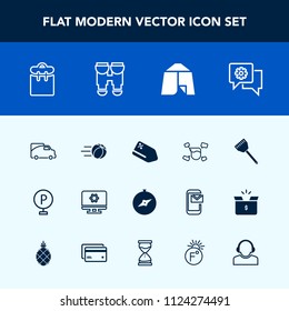 Modern, simple vector icon set with food, football, setting, mobile, transport, vehicle, sport, technology, sale, equipment, price, transportation, view, cooking, ball, people, north, camp, male icons