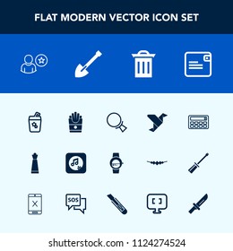 Modern, simple vector icon set with art, cocktail, recycle, magnifying, shovel, search, watch, creative, gadget, snack, music, food, french, sound, king, online, piece, calculator, profile, fast icons