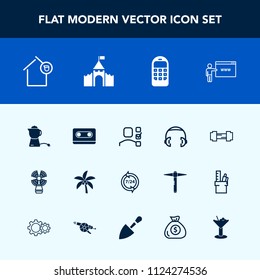 Modern, simple vector icon set with office, drink, beacon, task, lighthouse, landlord, plan, summer, equipment, audio, house, workout, personal, web, mobile, support, palm, travel, leaf, nature icons