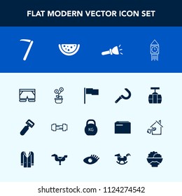Modern, simple vector icon set with tool, farming, exercise, harvesting, heavy, ben, investment, cable, business, wrench, peeler, train, kilogram, money, growth, electric, spanner, workout, wear icons