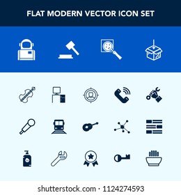 Modern, simple vector icon set with magnifier, dish, web, music, cello, search, find, package, audio, justice, musical, call, builder, sound, industry, violoncello, soup, office, marketing, sign icons