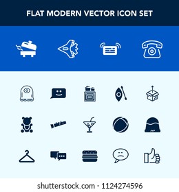 Modern, simple vector icon set with telephone, kitchen, technology, kayaking, bear, notification, home, musical, river, smile, package, new, mobile, modern, oven, chat, message, fluffy, music icons