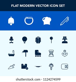 Modern, simple vector icon set with nurse, chef, medical, write, message, alarm, jacket, food, mailbox, ring, call, office, sky, education, parachute, drop, sign, sport, jump, skating, pencil icons