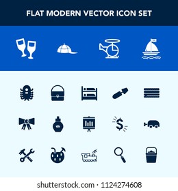 Modern, simple vector icon set with report, hostel, bag, hat, snack, bow, alien, food, tie, transport, black, wind, makeup, aircraft, aroma, air, brush, space, clothing, fiction, annual, red icons
