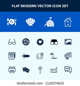 Modern, simple vector icon set with architecture, education, kamon, shell, clothing, folder, card, igloo, estate, knife, furniture, library, eyeglasses, building, modern, shirt, clothes, sea icons