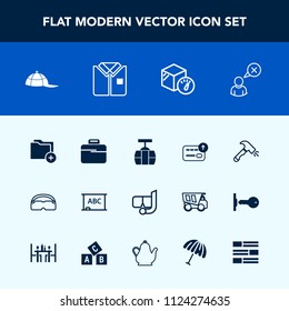 Modern, simple vector icon set with currency, sky, shovel, file, internet, transportation, blackboard, profile, box, bag, cable, money, shirt, hat, board, web, glasses, folder, mask, snorkel icons