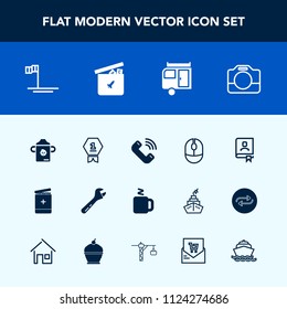 Modern, simple vector icon set with travel, medicine, camera, journey, plastic, ocean, sign, blue, phone, drink, computer, award, winner, equipment, film, milk, place, trailer, contact, device icons