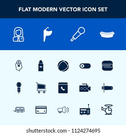 Modern, simple vector icon set with snack, job, burger, audio, microphone, aroma, phone, beauty, hotdog, voice, perfume, sandwich, concept, deactivate, trolley, switch, song, bottle, meat, food icons