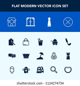 Modern, simple vector icon set with sign, king, piece, game, food, construction, talk, cooking, restaurant, hotel, queen, strategy, beach, paper, bubble, fashion, bedroom, palm, window, ladle icons