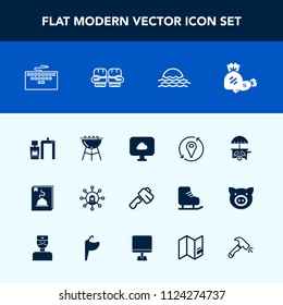 Modern, Simple Vector Icon Set With Menu, Grill, Van, Work, Tool, Screen, Location, Meat, Lollipop, Scan, Technology, Sunrise, White, Bbq, Axe, Sweet, Competition, Barbecue, Sun, Hammer, Nature Icons