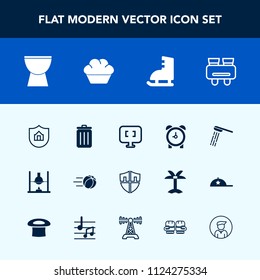 Modern, simple vector icon set with protect, ball, dessert, house, bathroom, alarm, football, computer, property, game, music, can, vision, hygiene, sport, winter, musical, bin, recycling, time icons