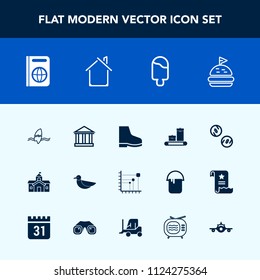 Modern, simple vector icon set with government, dessert, money, house, immigration, wildlife, footwear, luggage, tropical, passport, surfer, ocean, travel, bird, europe, departure, animal, lunch icons