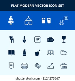 Modern, simple vector icon set with clothing, food, clothes, shovel, film, camera, collection, summer, play, tent, wine, adventure, web, flip, glass, doughnut, person, spray, sweet, fashion icons