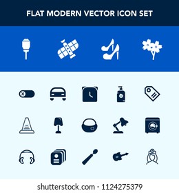 Modern, simple vector icon set with flower, home, happy, fun, cherry, kid, minute, school, rucksack, fashion, watch, off, hour, city, price, vehicle, clock, energy, deactivate, object, soap, bag icons