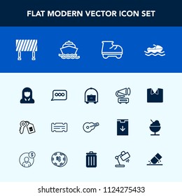 Modern, simple vector icon set with water, beautiful, hotel, background, white, woman, vacation, street, message, record, music, travel, sea, face, leisure, coupon, guitar, key, roller, house icons