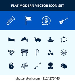 Modern, Simple Vector Icon Set With Newborn, Security, Label, Boat, Camera, Vessel, Furniture, Shower, Street, Bugle, Bedroom, Sign, Price, Ship, Lawn, Music, Ocean, Mower, Home, Trumpet, Bath Icons