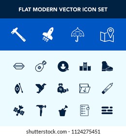 Modern, simple vector icon set with paper, launch, hotel, umbrella, lettuce, tool, kayak, music, kayaking, candy, avatar, pin, white, open, musical, account, wrench, travel, river, rain, food icons