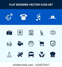 Modern, simple vector icon set with telephone, celebration, texas, war, travel, holiday, bank, gift, equipment, box, transport, video, sound, technology, chair, safe, hat, white, film, store icons