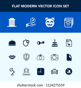 Modern, simple vector icon set with security, transportation, finance, taxi, service, dollar, girl, library, plate, lips, shield, market, warehouse, supermarket, camera, list, book, dinner, car icons