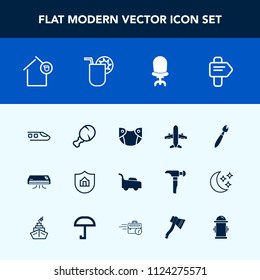 Modern, simple vector icon set with care, snack, hydrant, home, train, lawn, chair, owner, drink, brush, direction, food, glass, property, travel, landlord, meal, summer, airplane, arrow, infant icons