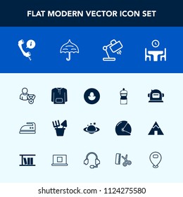 Modern, simple vector icon set with earth, science, rain, clothes, human, map, cleaner, lamp, table, open, equipment, food, toy, headset, business, iron, interior, umbrella, avatar, call, family icons