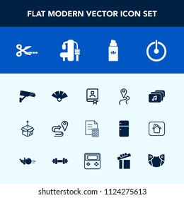 Modern, simple vector icon set with camera, perfume, business, power, fitness, beauty, surveillance, traditional, route, gym, music, safety, fan, navigation, fashion, button, sensu, unpacking icons