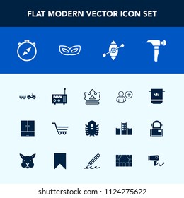 Modern, simple vector icon set with add, north, soft, ufo, technology, celebration, masquerade, hammer, mask, sign, shop, shipping, boat, compass, crown, space, ship, queen, fiction, cloth, user icons