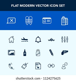 Modern, simple vector icon set with airplane, identification, salt, real, frame, departure, plane, estate, exercise, closed, bell, sport, airport, alarm, notification, business, beverage, spice icons