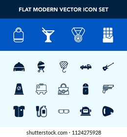 Modern, simple vector icon set with baggage, object, juice, fashion, building, luggage, bar, chocolate, bag, traffic, leather, food, win, sign, headwear, glass, sweet, reward, road, style, hat icons