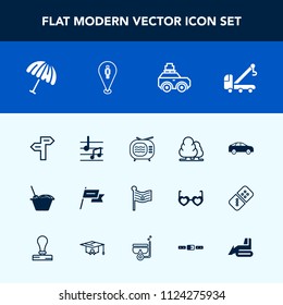 Modern, simple vector icon set with national, car, move, note, suitcase, video, food, forest, business, arrow, wind, direction, tv, chinese, landscape, rain, luggage, bus, tree, weather, noodle icons
