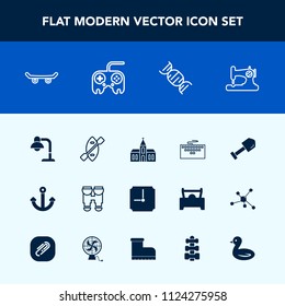 Modern, simple vector icon set with technology, boat, vision, building, construction, button, clock, board, architecture, travel, fashion, tool, arrow, interior, sewing, optical, machine, laptop icons