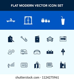 Modern, simple vector icon set with medicine, window, weight, restaurant, fishing, kitchen, taxi, home, house, message, business, fish, cloakroom, vehicle, fork, map, transport, cold, pin, add icons