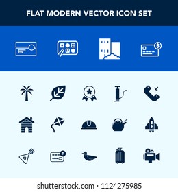 Modern, simple vector icon set with real, video, film, button, safety, , leisure, luggage, audio, work, construction, tape, tree, handle, pump, music, balance, achievement, kite, business, hat icons