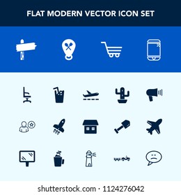 Modern, simple vector icon set with delivery, home, mobile, loudspeaker, megaphone, airplane, cell, launch, armchair, chair, location, drink, restaurant, cold, travel, interior, touchscreen, way icons