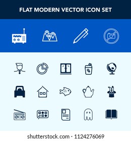 Modern, simple vector icon set with pie, pencil, glass, seafood, hand, pen, car, estate, home, education, chart, write, globe, medal, map, gold, presentation, juice, business, media, furniture icons