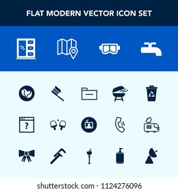 Modern, simple vector icon set with crane, cooking, brush, caffeine, tennis, furniture, storage, location, internet, file, sea, meat, page, folder, care, garbage, mask, map, hygiene, home, web icons
