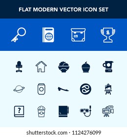 Modern, simple vector icon set with container, home, achievement, can, office, chair, winner, mixer, building, grain, sweet, estate, space, key, white, rice, person, aluminum, pie, pretty, tin icons