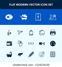 Modern, simple vector icon set with sun, cupboard, science, cooking, spaceship, food, travel, glasses, grocery, email, lighter, home, sewing, kitchen, technology, store, send, luggage, sew, bag icons