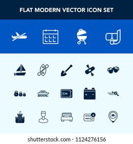 Modern, simple vector icon set with kilogram, timetable, airplane, oar, canoe, construction, finance, yacht, bank, toy, water, money, bar, meat, calendar, plane, sea, beer, boat, shovel, flight icons