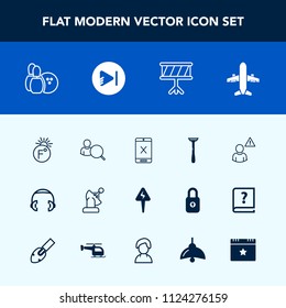 Modern, simple vector icon set with media, technology, scale, internet, travel, game, bowling, computer, ball, alarm, satellite, airplane, connection, cord, space, web, event, star, thermometer icons
